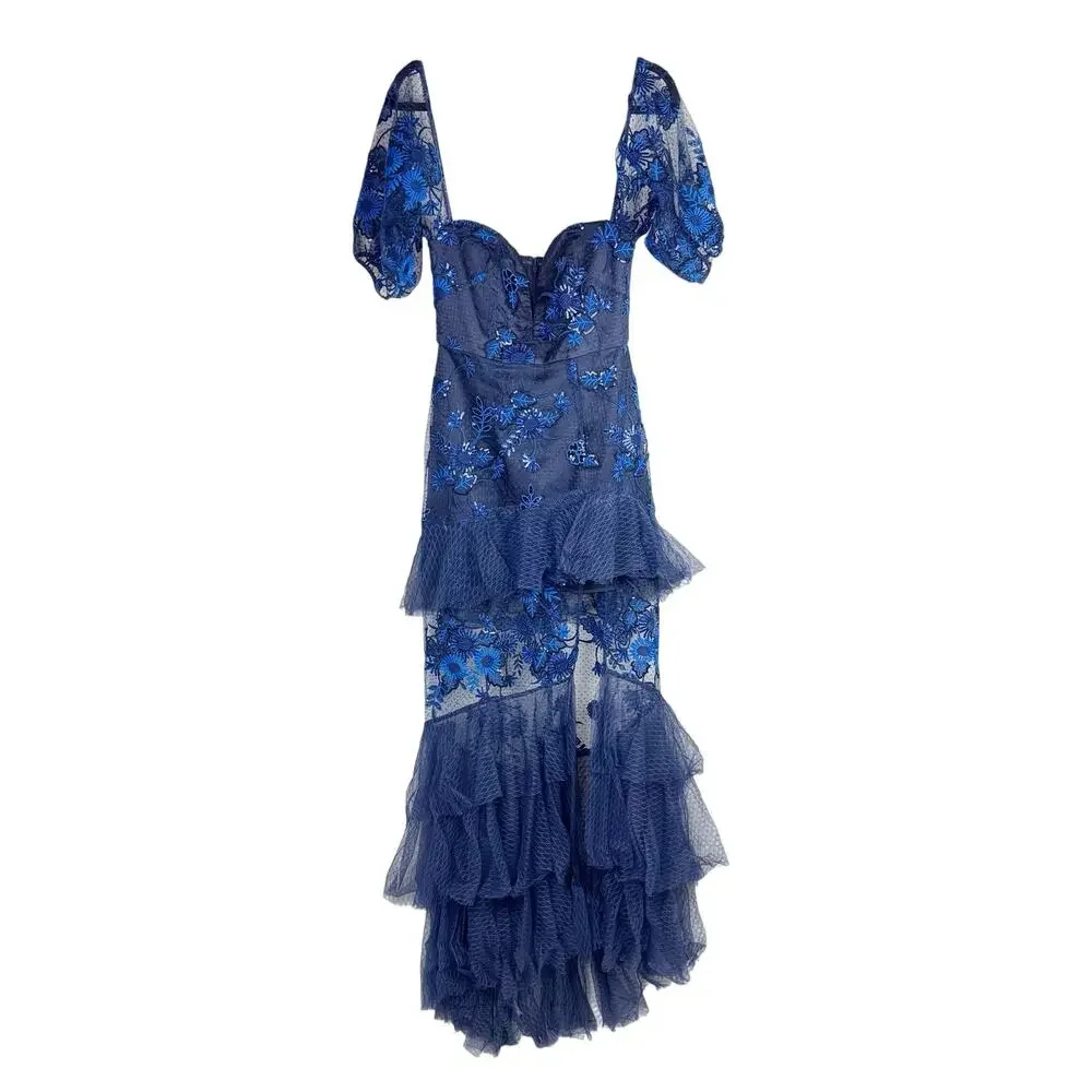 ALICE MCCALL Mystery Dress Gown Off Shoulder Ruffle Navy Ocean Blue US 4 - Picture 3 of 10